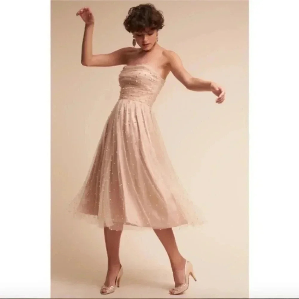 BHLDN Anya Formal Gold Pearl Midi Dress Cream Gold